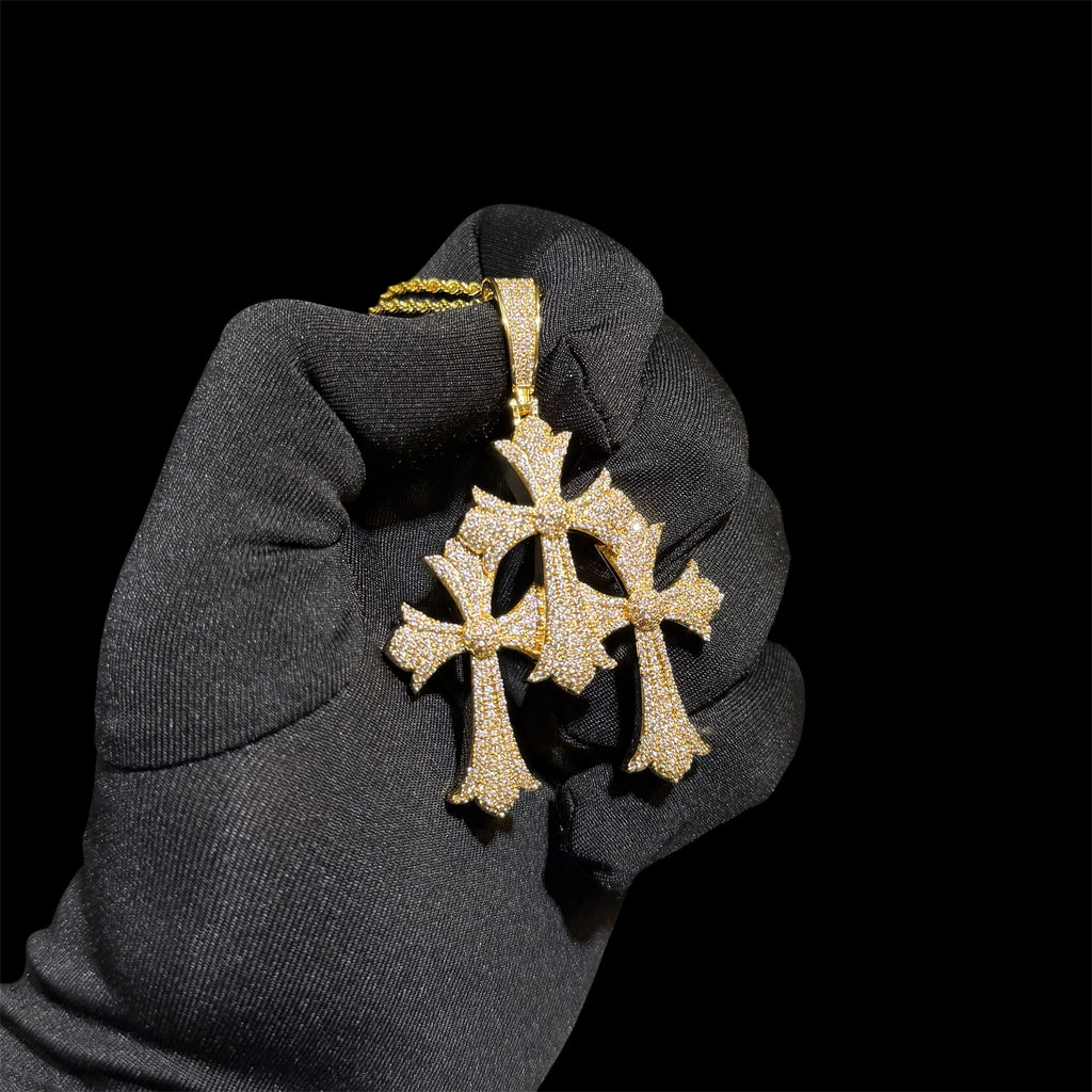 Triple Heart Cross Pendant 14k Gold Plated CZ
