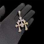 Triple Heart Cross Pendant 14k Gold Plated CZ