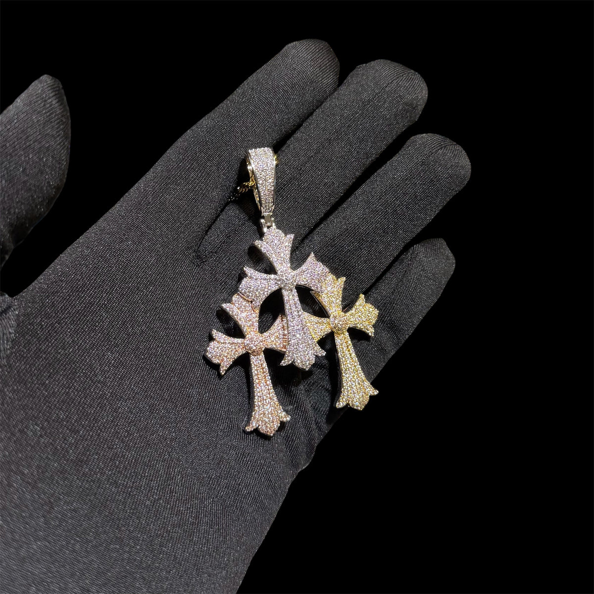Triple Heart Cross Pendant 14k Gold Plated CZ