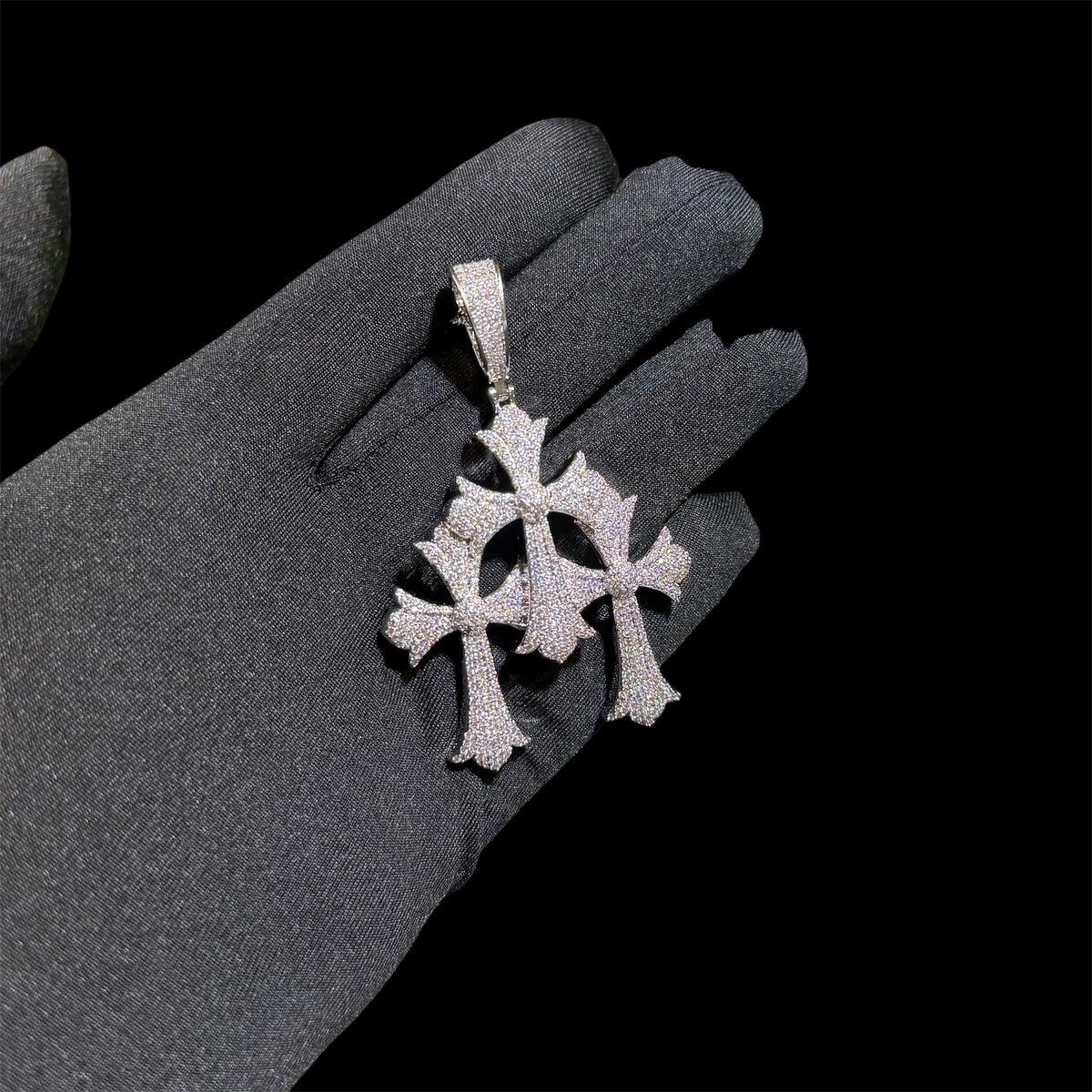 Triple Heart Cross Pendant 14k Gold Plated CZ